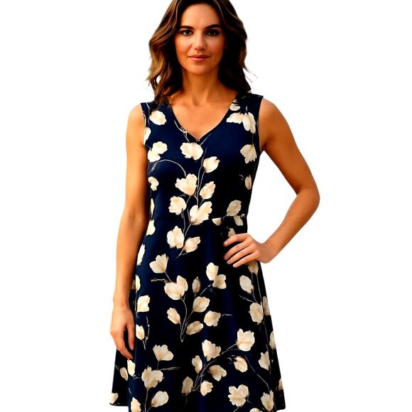 Women's XL Blue Tulip Flower Print Sleeveless Maxi BOHO Sun Dress Miss 16 18 - Picture 1 of 6